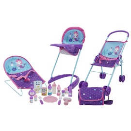 509 Crew Mermaid 19 Piece Set: Doll Travel, Feed, Sleep n Play Set - Half Folding Doll Stroller, Bouncer, Highchair, 15 Piece Accessories & Diaper Bag/Handbag, Kids Pretend Play Ages 3+ (T820028)