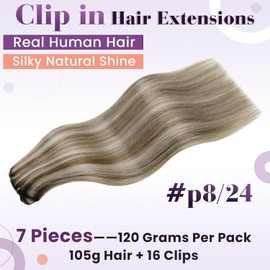 LaaVoo Clip in Hair Extensions Human Hair for Women Dark Ash Blonde Highlight Light Blonde Human Hair Clip in Extensions Blonde Highlights Clip in Extensions Real Hair Full Head 16 Inch 7pcs/120g