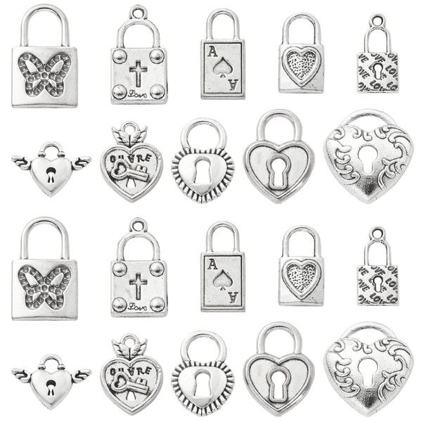 Stiesy 100pcs 10 Styles Antique Style Lock Charms Tibetan Silver