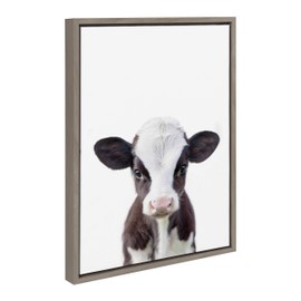 DesignOvation Sylvie Baby Cow Portrait Framed Canvas by Amy Peterson, 18x24, Gray