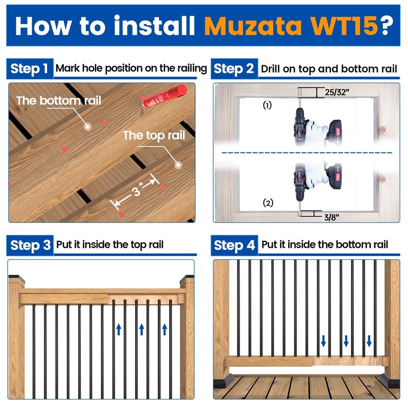 Muzata 50Pack 32" Aluminum Deck Balusters Round Black Deck Railing