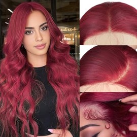 SUKRI SUKRI 99j Burgundy Lace Front Wigs 13X4 Synthetic Red Burgundy Wig Long Wavy Hair with Baby Hair Pre Plucked Glueless Wigs for Women Natural Daily Use(26 Inch)