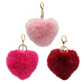 APOSITV Fur Heart Charm Key Chain Mokomoko Fur Pom Pom Color Set, Set of 3 pink colors