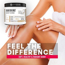 PureSCRUBS - Set de exfoliante corporal orgánico de primera calidad – 16 onzas de vainilla cuerpo de la vainilla, aceites esenciales orgánicos infundidos de sal del Mar Muerto y nutrientes incluye cuchara de madera, esponja y jabón exfoliante orgánico