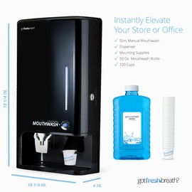 GotFreshBreath Commercial Mouthwash Dispenser with Cup Holder – Standing or Wall-Mounted, Slim, Commercial Mouthwash Dispenser with 100 Cups & 50 Oz. Alcohol-Free Mouthwash (Black)…