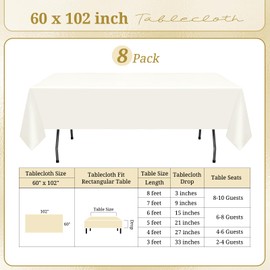 REWOMC 8 Pack Polyester Tablecloth 60 x 102 Inch,Ivory Rectangle Table Cloth for 6 Ft Tables, Washable Table Cover for Kitchen Wedding Banquet Restaurant Party
