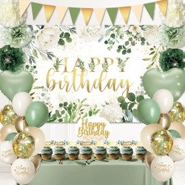 Sage Green Happy Birthday Party Decorations,Happy Birthday Backdrop,Retro Green banner Balloons, Paper Tassels,Neutral Rustic Botanical Greenery Wild deco Supplies for Women Adults