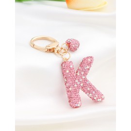 Pink Bling Initial Keychain for Women Girls,Sparkly K Letter Key Chain Charm with Wristlet and Key Ring for Car Keys Handbag Backpack