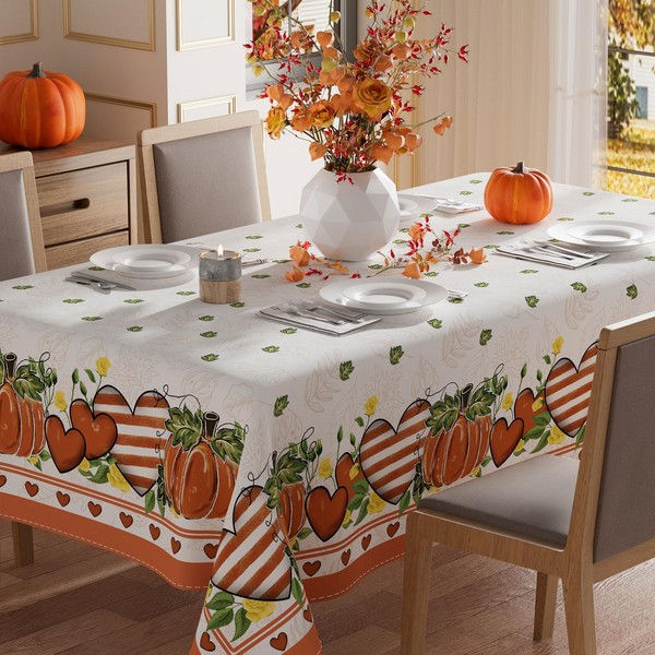 XCHI Fall Pumpkin Love Heart Maple Leaves Tablecloth Rectangle Washable