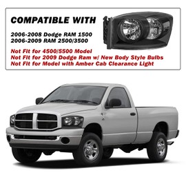 SOCKIR Headlight Assembly Fits for 06-08 Dodge Ram 1500/06-09 Ram 2500 3500 Pickup Passenger and Driver Side Black Housing & Clear Reflector High/Low Beam Bulbs Included