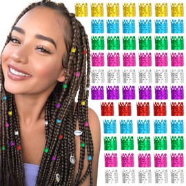 VENOFEN Colorful Crown Shape Metal Hair Rings and Loc Jewelry - 100PCS Adjustable Hair Accessories with Braids Clips and Beads for Women and Girls