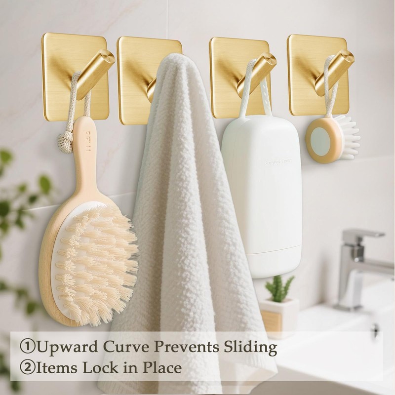 Gold Adhesive Coat Hooks: Anti-Slip 15LB Towel Hooks Locking Curve
