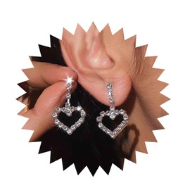 Inilbran Boho Crystal Heart Drop Earrings Silver Rhinestone Love Heart Earrings Vintage Crystal Cz Heart Dangle Earrings Bling Cz Heart Earrings Jewelry for Women and Girls