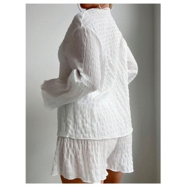 SweatyRocks Women's 2 Piece Set Sheer Mesh Tie Front Top with Shorts Swimwear Beach Cover ups White Medium