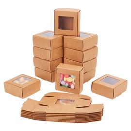HOBBIESAY 20Pcs Folding Paper Box with Clear Window Square Brown Paper Boxes Mini Crafts Present Boxes for Wedding Birthday Party Jewelry Candy Festival Gift Packaging,Size:2.6x2.6x1.2inch
