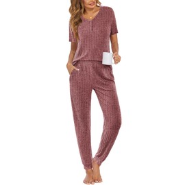 Ekouaer Pajama Sets for Womens Rib Knit Lounge Set Jogger Pants Short Sleeve Sleepwear 2 Piece Outfits Set with Pockets Wine Red