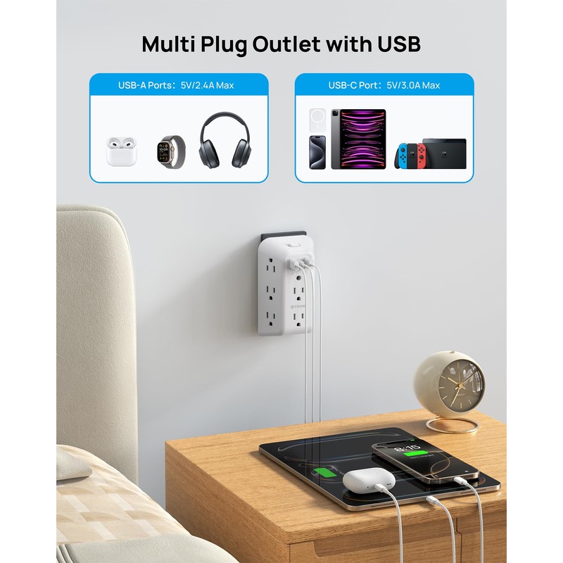 TROND Outlet Extender with USB-C, 8AC Outlet Splitter 3 USB