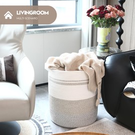 Sea Team Large Size Cotton Rope Woven Storage Basket with Handles, Laundry Hamper, Fabric Bucket, Drum, Clothes Toys Organizer for Kid's Room, 18 x 20 inches, Round Open Design, White & Khaki