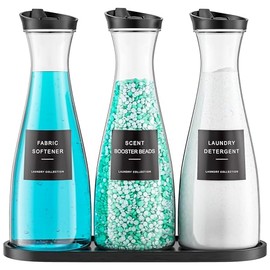 3 Pack Laundry Detergent Dispenser Container with Tray, 54OZ Liquid Laundry Soap Dispenser with 12 Labels, Black Laundry Room Organization for Powder, and Fabric Softener