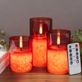 VIODAIM Ice Crystal Real Wax Glass Flameless Candles with Remote & Timer, Battery Operated Candles with Warm Flickering Flame, Realistic LED Candle for Wedding Home Decor [D3×H4/5"/6"] Red, 3Pack