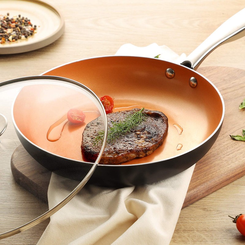 MICHELANGELO 10 Inch Copper Nonstick Frying Pan with Lid, Scratch