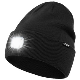 ATNKE LED Lighted Beanie Hat,USB Rechargeable 4 LED Running Headlamp Bright Cap with The Light Gifts for Men and Women/#Black