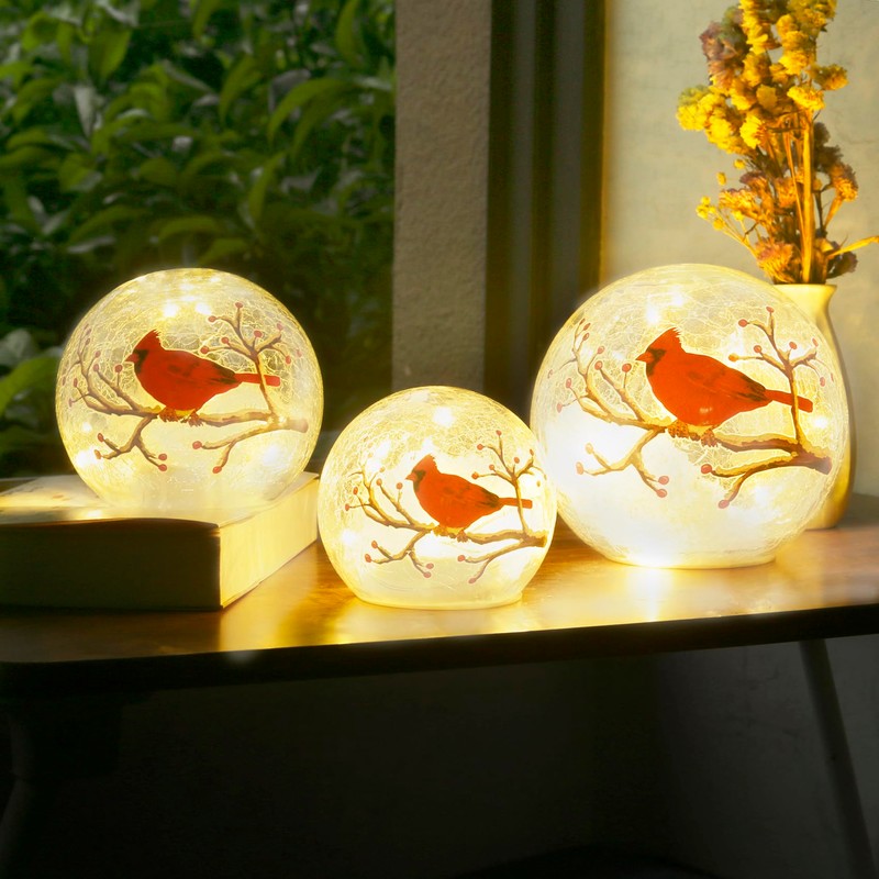 Kaowod Crackle Glass Ball Cardinal Lamp with Timer, Light Up