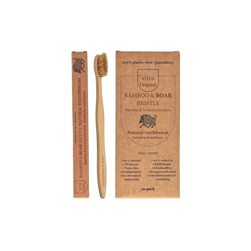 All Plastic-Free Bamboo Toothbrushes with Hog Bristles / Natural Bristles