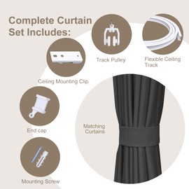 MaKefeile Room Divider Curtains & Flexible Bendable Tracks Set,Privacy Dividers Ceiling Track Curtain Window Blackout Curtains for Living Room Bedroom (W180 × H96 in 1 Panel Black Drape & White Rail)