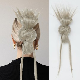 Clip-On Feathered Bun Wig,Hgyugrf Messy Bun Hair piece with Claw Clip Short Ponytail Hair pieces for Women(ash blonde)