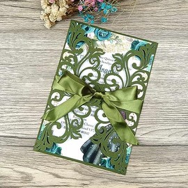 25 tarjetas de invitación de boda cortadas con láser, color verde oliva con sobres, hojas interiores en blanco, cintas para bodas, despedidas de soltera, quinceañera, invitaciones de cumpleaños