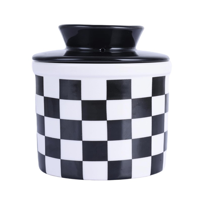 Checkered Butter Crock with Lid,Ceramic Butter Keeper for Countertop, Black