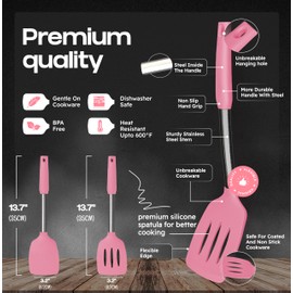 BakeRoyal Silicone Spatula Set - Turner Spatulas Silicone Heat Resistant 600°F - Slotted & Solid Silicone Spatulas for Cooking Fish, Eggs, Pancakes Flipper – Silicone Cooking Utensils Set – Pink