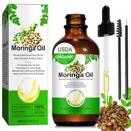 Moringa Oil for Hair 2.02 fl.oz, 100% Natural Premium Organic Cold-Pressed Glass Bottle Moringa Oil, Moringa Seed Oil for Face, Hair & Body Care, Anti-Aging, Nourish Hair, Scalp & Body Massage