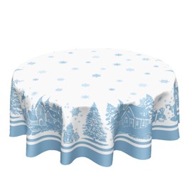 Winter Tablecloth Blue Snowflake Snowman Round Tablecloth 60 Inch Christmas Tree Table Cloth Winter Christmas Farmhouse Polyester Table Cover For Holiday Kitchen Dining Room Party Indoor Outdoor Decor