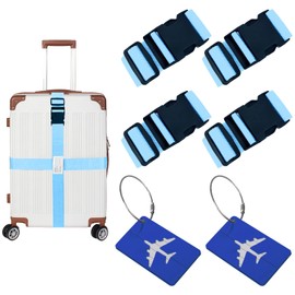 VEGCOO Luggage Straps Pack of 4, Pack of 2 Luggage Tags, Yellow Adjustable Luggage Strap, 5 x 200 cm, Luggage Strap, Cross Strap, Luggage Tag with Address Label (Yellow)