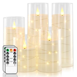 Homemory Pure White Flameless Candles with Embedded Star String Fairy Lights, Battery Operated Candle, LED Candles, Fake Candles with Remote Control and Timer, Set of 5(H4 5" 6" 8" 8")