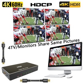 KAGO HDMI Splitter - 1 in 4 Out TV Splitters Premium Quality High Resolutions Support HDMI 2.0, HDCP 2.2, 18 Gbps 4K@60Hz 2k@120Hz 36-Bit Deep Color UltraHD,Plug&Play