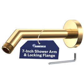 HammerHead® Solid Metal Shower Arm and Flange - 7.5 Inch 304 Stainless Steel Extension Pipe - Universal Shower Head Arm with Flange and Locking Screw, Polished Brass