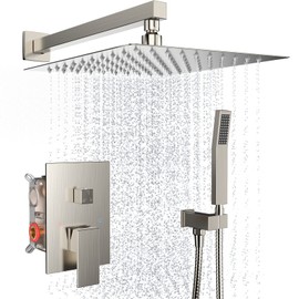 Shower System Wall Mounted 10 inch Shower Overhead for Bathroom,Rain Shower Combo Set with Handheld Spray,Luxury Rainfall Shower Head Rough-in Valve and Trim Included(Brushed Nickel)