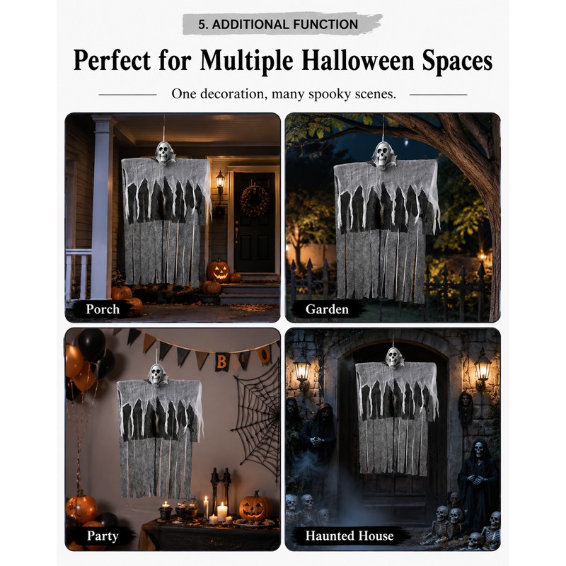 Hanging Skeleton Ghost for Halloween Decor – Gauze Skull Prop