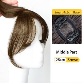 Forehead Fringe Bangs Extension Human Hair 4x8cm Mini Hairpiece Clip in 25cm Head Top Replacement Topper (Middle Part French Temple Brown)
