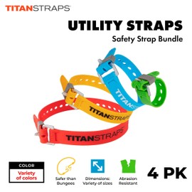 Titan Utility Straps – Safety Strap Set to Secure Splits, Cargo Bikes, Garden Hoses, Wood Working Projects, 60lb. Working Load, 09"/14"/18"/25" Length, 09" Green/14 Blue/18 Yellow/25 Orange, 4-Pack