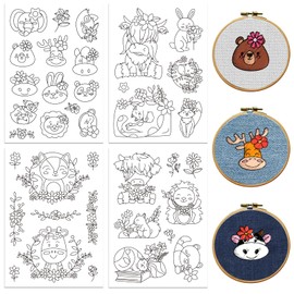 peacoblue Water Soluble Embroidery Patterns for Beginners 4 Sheets Animals Wearing Flowers with 37pcs Patterns, Wash Away Stick and Stitch Dissolvable Embroidery Paper for Hand Sewing Lovers