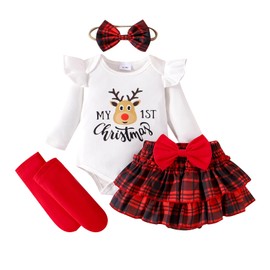 Ovmxqso Newborn Baby Girl My First Christmas Outfit Deer Print Romper Buffalo Plaid Skirt Tutu Dress Leg Warmers Cute Clothes (Plaid,6-9 Months)