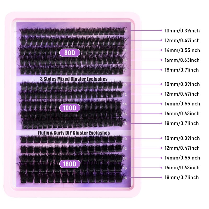 Russian Cluster Lashes,80D+100D+180D Individual Eyelashes D Curl Cluster Lashes,Fluffy 10-18mm