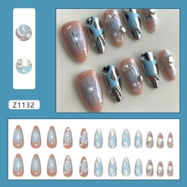 24Pcs Glitter Y2k Press on Nails Medium Almond Fake Nails Metallic Silver Star Irregular Lines Pearl Patterns French Press on False Nails Full Cover Glossy Acrylic Nails Stick on Goth Artificial Nail