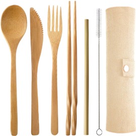 Onwon Bamboo Travel Cutlery Set Include Reusable Knife Fork Spoon Chopsticks Straw Eco Friendly Organic Bamboo Utensils Camping Flatware Travel Utensil Set for Picnic Office and School Lunch