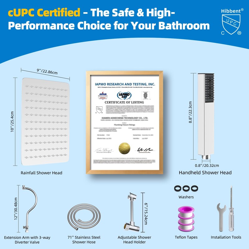 Hibbent All Metal cUPC Certified Shower Head, 10'' High Pressure