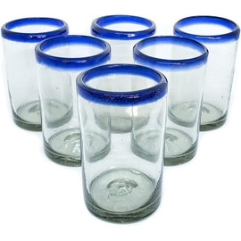 MexHandcraft Cobalt Blue Rim 9 oz Juice Glasses (set of 6), Recycled Glass, Lead-free, Toxin-Free (9 oz Juice)